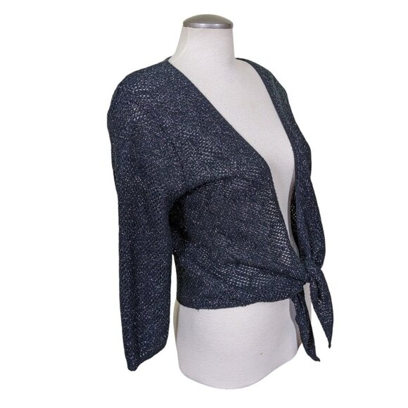 Vintage Tie Front Sweater Shrug Cardigan Womens M Black Sparkle Made In Canada - Picture 2 of 5